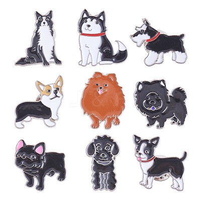 9Pcs 9 Style Poodle & Siberian & Schnauzer & Chihuahua & Border Enamel Pin with Brass Butterfly Clutches JEWB-SZ0001-77-1