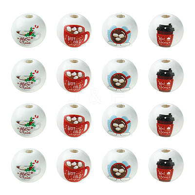 80Pcs 4 Styles Coffee Printed Wooden European Beads WOOD-CJ0001-82-1