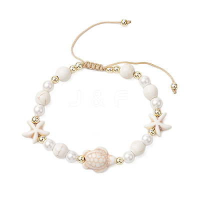 Starfish & Turtle Synthetic Magnesite Braided Bead Bracelets BJEW-JB11047-02-1
