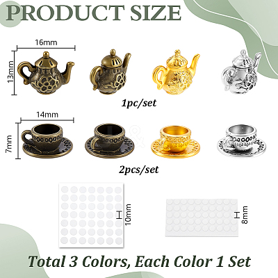3Sets 3 Colors Alloy Teapot & Tea Cup Set Model DJEW-GA0001-73-1