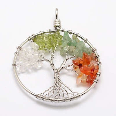 Tree of Life Mixed Stone Bead Brass Wire Wrapped Big Pendants KK-L136-01A-NR-1