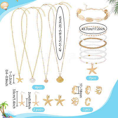 Ocean Theme Brass & 304 Stainless Steel Necklaces & Bracelets & 304 Stainless Steel Earring & Brass Cuff Rings Sets SJEW-PH00008-1