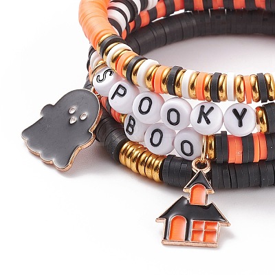 4Pcs 4 Style Polymer Clay Heishi Surfer Stretch Bracelets Set with Word Spooky Boo Acrylic Beads BJEW-TA00127-1