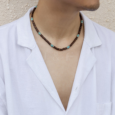 Round Synthetic Turquoise & Wood Heishi Beaded Necklaces for Men FS-WG6A9BE-01-1