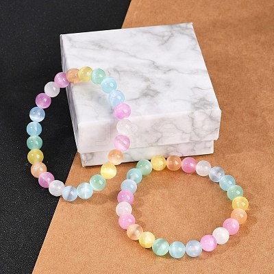Dyed Natural Selenite Round Beaded Stretch Bracelets for Women G-U005-02M-1