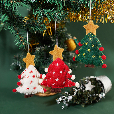 6Pcs 3 Colors Christmas Tree with Star Felt Fabric Pendant Decoration HJEW-CP0001-10-1