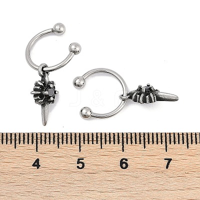Flower 316 Surgical Stainless Steel & Black Glass Dangle Half Hoop Earrings for Women EJEW-G416-49AS-1