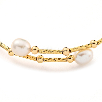Brass & Natural Freshwater Pearl Beads Open Cuff Bangles for Women BJEW-F470-03G-01-1