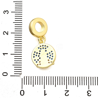 Brass Micro Pave Clear & Blue Cubic Zirconia Flat Round with Rocket European Dangle Charms KK-C087-17G-1