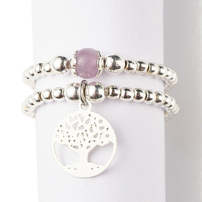 2Pcs 2 Style Natural Lavender Amethyst & Synthetic Hematite Beaded Rings with Brass Tree of Life Charms RJEW-JR00474-04-1