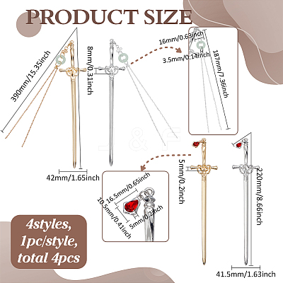 4Pcs 4 Styles Alloy Hair Stick Findings AJEW-FG0007-35-1