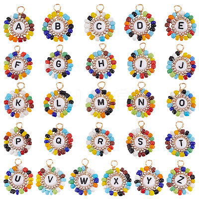26Pcs 26 Styles Acrylic & Glass Seed Beaded Pendants PALLOY-GO00034-1