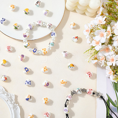 60Pcs 10 Colors Floral Printed Porcelain Beads PORC-PA0001-02-1