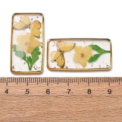 Brass & Transparent Epoxy Resin & Dried Flower Pendants RESI-G133-01G-04-1