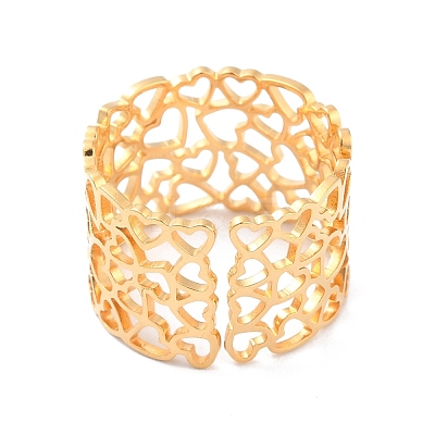 Ion Plating(IP) 304 Stainless Steel Heart Hollow Cuff Ring RJEW-L103-11G-1