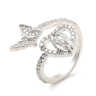 Clear Cubic Zirconia Heart Virgin Mary with Butterfly Open Cuff Ring RJEW-E064-05P-1