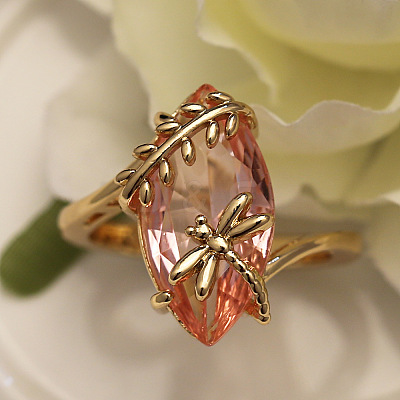 Leaf & Dragonfly Brass Glass Finger Rings FS-WGB6037-05-1