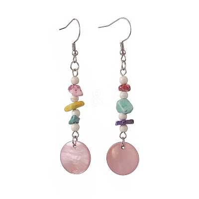 Natural Shell Flat Round & Dyed Synthetic Turquoise Chips Beaded Dangle Earrings EJEW-JE05222-1