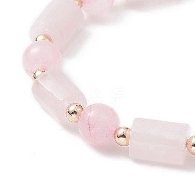 Natural Rose Quartz Column & Round Stretch Bracelet for Women BJEW-JB09351-05-1