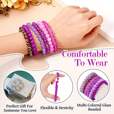 6Pcs 6 Styles 8mm Glass Round Beaded Stretch Bracelet Sets BJEW-TAC0022-1