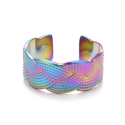 Ion Plating(IP) Rainbow Color 304 Stainless Steel Textured Open Cuff Ring for Women RJEW-C025-29M-1