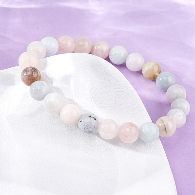 Natural Morganite Round Beaded Stretch Bracelets for Men Women BJEW-G743-01H-01-1