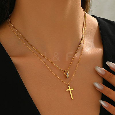 Stainless Steel Crystal Rhinestone Cross Pendant Double Layer Necklaces for Women LS-BW9176-1