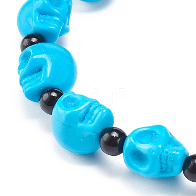 Natural Mashan Jade Skull & Synthetic Turquoise(Dyed) Beaded Stretch Bracelet BJEW-JB08377-04-1