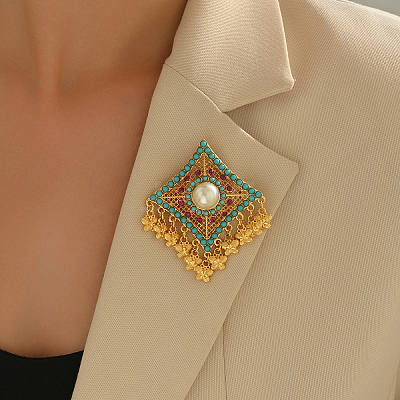 Bohemian Style Rhombus with Butterfly Alloy Plastic Pearl Brooches for Backpack Clothes TA3973-1