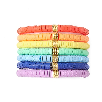 7Pcs 7 Colors Handmade Polymer Clay Heishi & Brass Bead Stretch Bracelets for Women BJEW-MZ00199-1