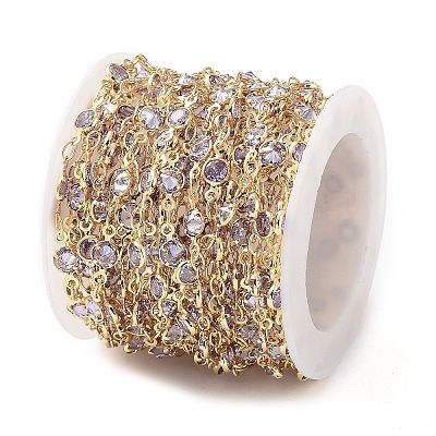Handmade Lilac Glass Flat Round Link Chains KK-F871-57G-1