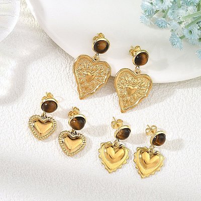 Natural Tiger Eye & 304 Stainless Steel Dangle Earrings for Women EJEW-JE07507-1