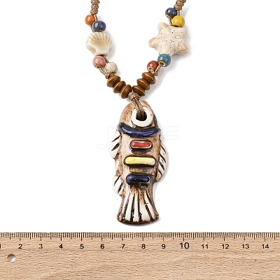 Ceramic Fish Pendant Adjustable Waxed Cord Necklaces for Women LS-NJEW-B146-01-1