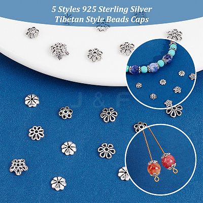 30Pcs 5 Styles 925 Sterling Silver Tibetan Style Beads Caps STER-PH0001-75-1
