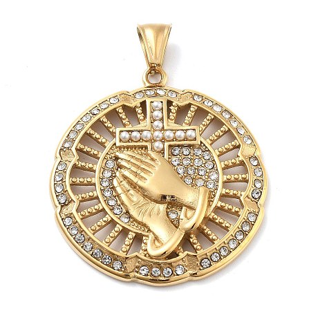 304 Stainless Steel Rhinestone Cross Praying Hands Pendants STAS-V008-33G-1