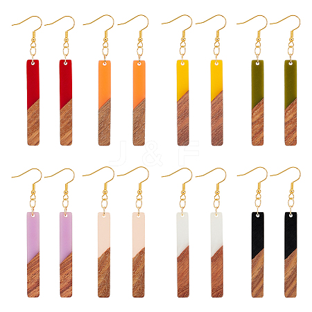 8 Pairs 8 Color Resin & Walnut Wood Dangle Earrings wih Iron Pins EJEW-AB00030-1