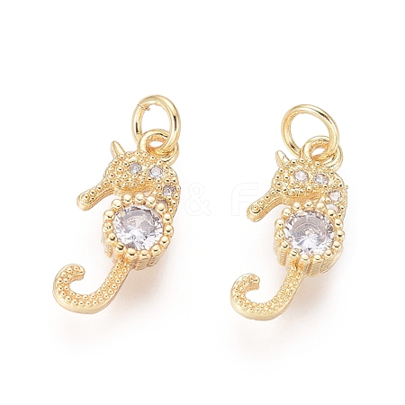  Jewelry Beads Findings Brass Charms, with Clear Cubic Zirconia and Jump Rings, Sea Horse, Golden, 14x6.5x2.5mm; Jump Ring: 4x0.7mm; 2.5mm Inner Diameter