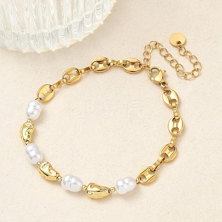 Nuggets 304 Stainless Steel & ABS Plastic Imitation Pearl Chain Bracelets BJEW-A169-07G-1