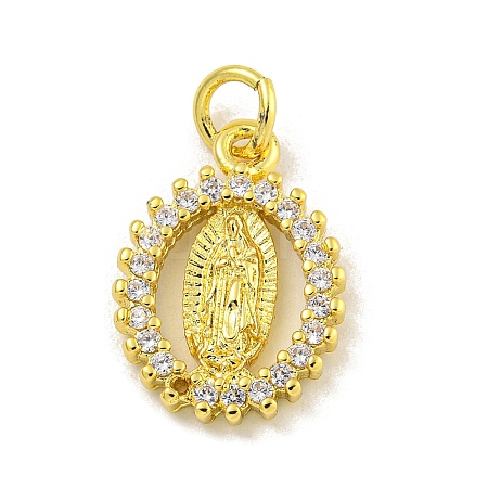 Virgin Mary Theme Rack Plating Brass Micro Pave Cubic Zirconia Pendants KK-C074-28G-01-1