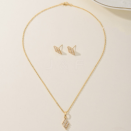 Elegant Vintage Brass Cubic Zirconia Rhombus Stud Earrings & Necklaces Set for Women UD6144-1
