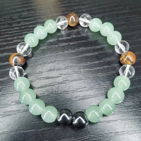 Round Natural Tiger Eye & Synthetic Non-magnetic Hematite & Glass Beads Stretch Bracelets for Girl Women FS-WGE0C43-04-1