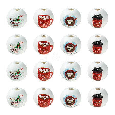 80Pcs 4 Styles Coffee Printed Wooden European Beads WOOD-CJ0001-82-1