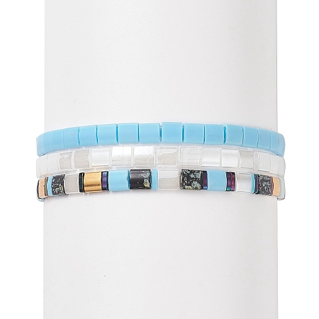 3Pcs 3 Style Glass Seed Rectangle Beaded Stretch Bracelets Set BJEW-JB09037-1