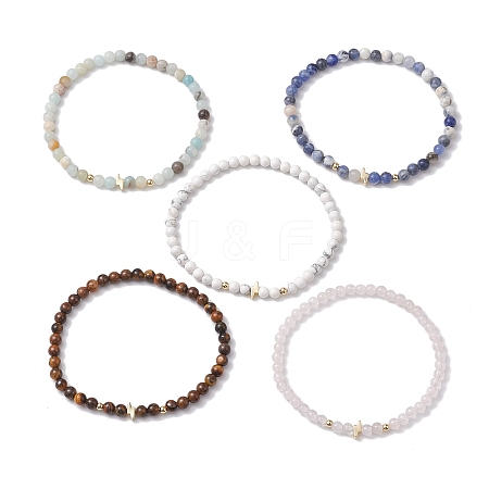 4mm Round Mixed Gemstone & Lightning Bolt Brass Beaded Stretch Bracelets BJEW-JB10856-1