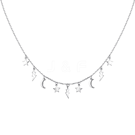 Rhodium Plated 925 Sterling Silver Star Moon Lightning Flowing Pendant Bib Necklaces MF4231-1