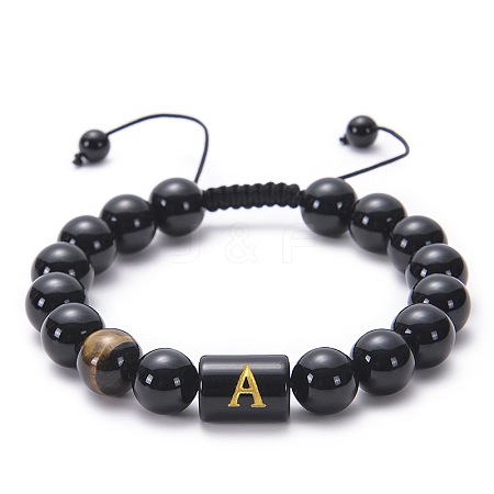 10MM Natural Black Onyx(Dyed & Heated) and Tiger Eye Alphabet Round Braided Bead Adjustable Bracelets for Women DM6424-1-1