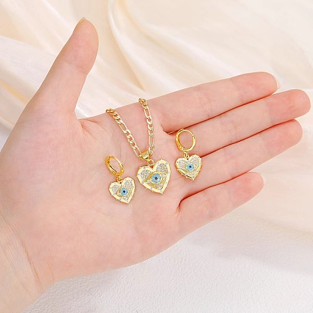 Heart with Eye Pattern 304 Stainless Steel Micro Pave Cubic Zirconia Pendant Necklace & Hoop Earrings Sets FS-WGB58AC-04-1