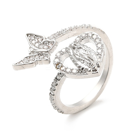Clear Cubic Zirconia Heart Virgin Mary with Butterfly Open Cuff Ring RJEW-E064-05P-1