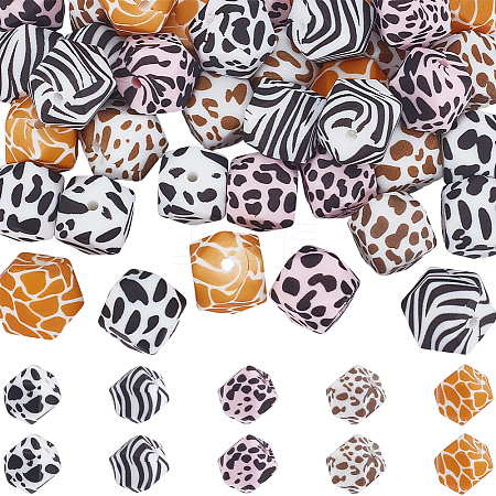 50Pcs 5 Styles Colorful Pattern Printed Silicone Focal Beads SIL-SP0001-24-1