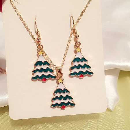 Christmas Tree Alloy Enamel Pendant Necklaces & Dangle Earrings Sets WG2E782-03-1